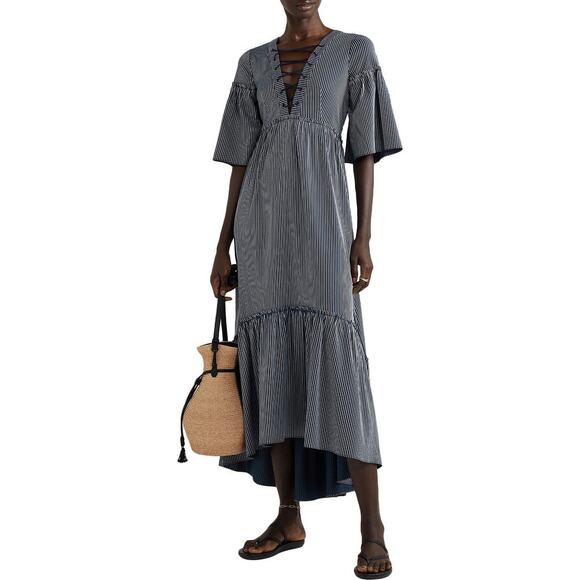 LA LIGNE La Boheme Dress Striped Lace Up Maxi Navy Blue Size XS Tiered Flouncy‎ - Picture 3 of 16
